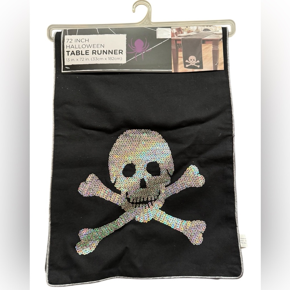 Black Table Runner with skull and crossbone Design. NWT